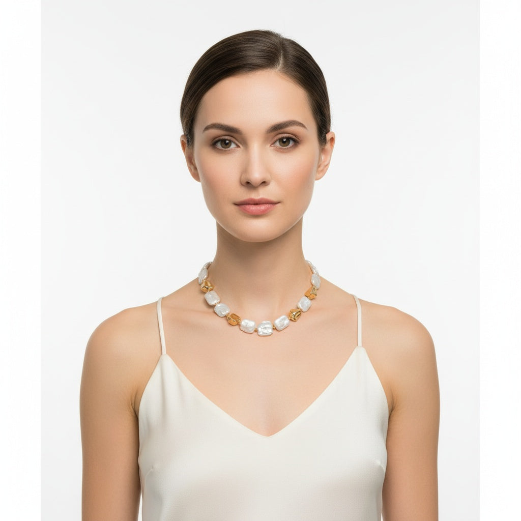 Natural Pearl Necklace Plated with Real Gold — Timeless Elegance