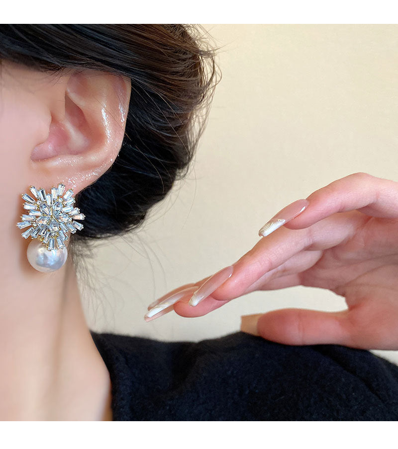 Diamond Snowflake Pearl Earrings — Elegant & Festive