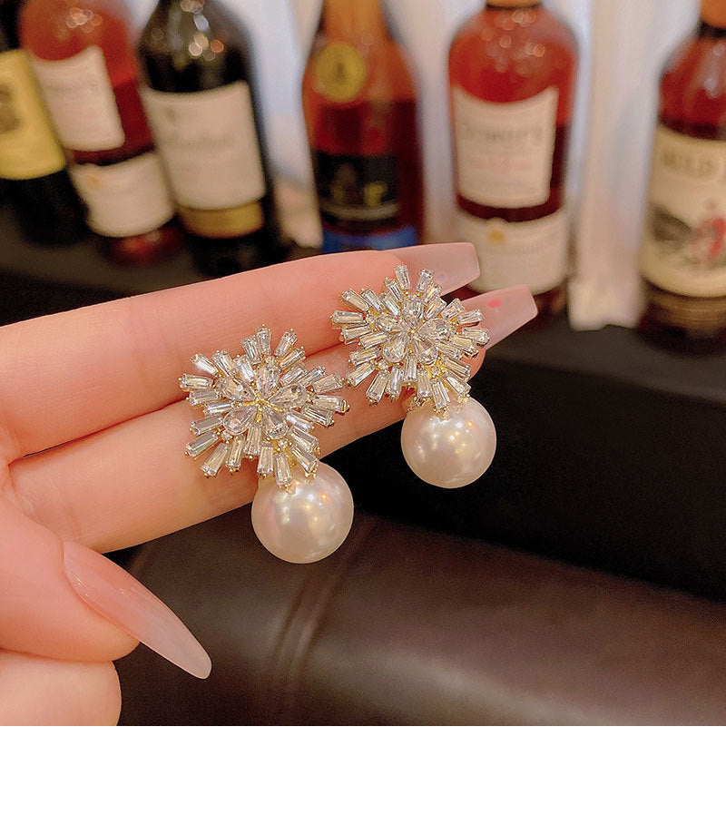Diamond Snowflake Pearl Earrings — Elegant & Festive