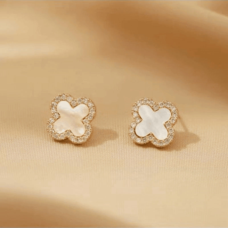 White-Micro Four Leaf Flower Earrings