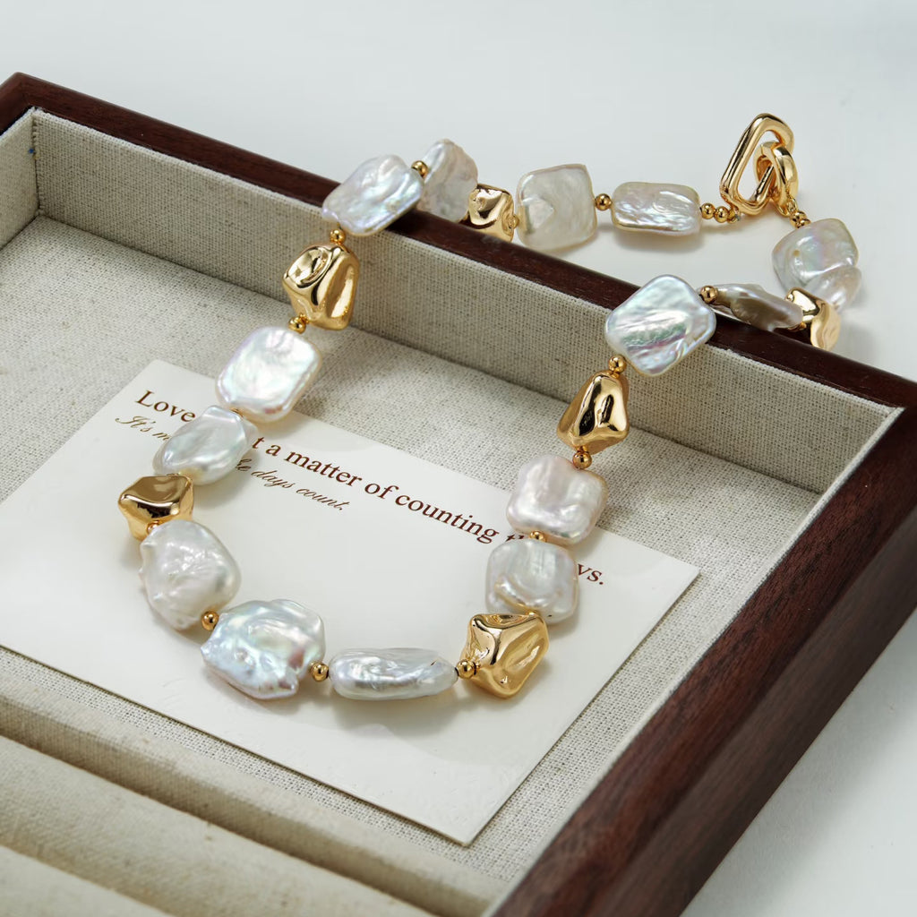 Natural Pearl Necklace Plated with Real Gold — Timeless Elegance