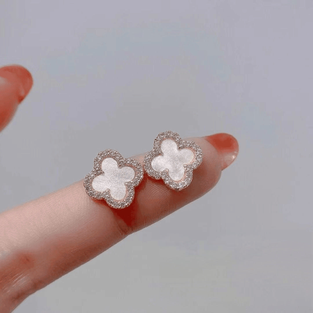 White-Micro Four Leaf Flower Earrings