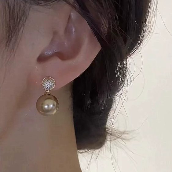Zircon Champagne Gold Pearl Earrings — Elegant Shine