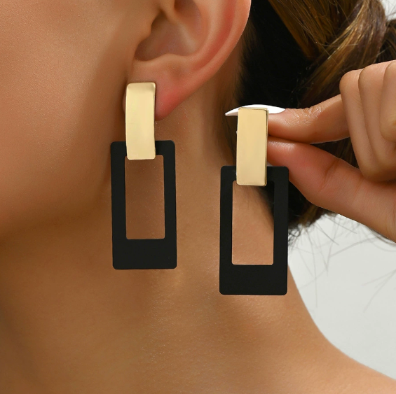 Clip‑On Geometric Square Gold & Black Earrings — Piercing-Free Style