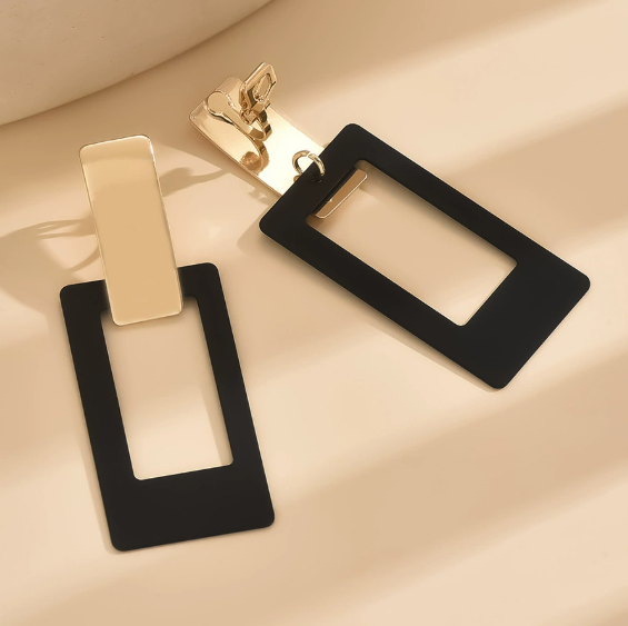 Clip‑On Geometric Square Gold & Black Earrings — Piercing-Free Style